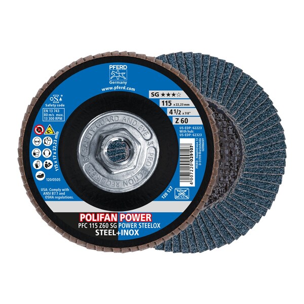 Pferd 4-1/2" x 5/8-11 Thd. POLIFAN Flap Disc - Z SG POWER STEELOX, Zirconia, 60 Grit, Conical 62323 - main